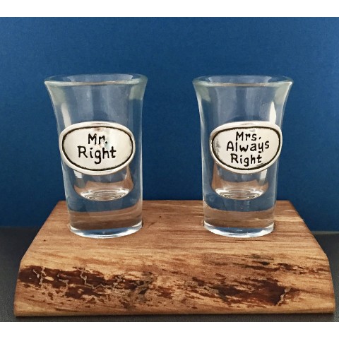 Mr. Right & Mrs. Always Right Shot Glasses w/Board